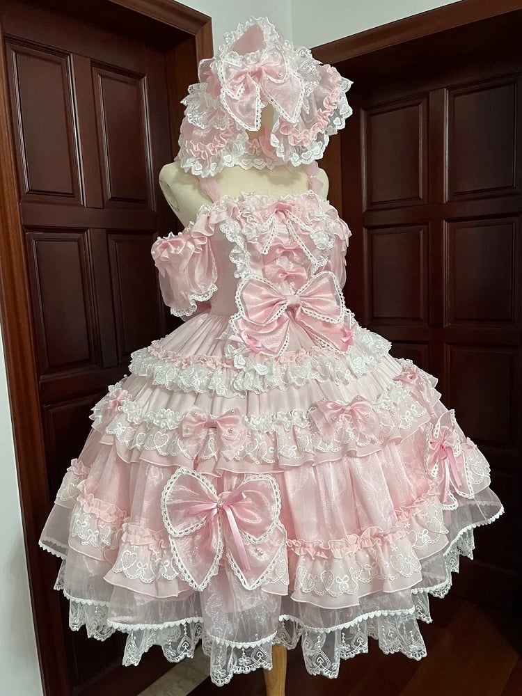 Sweet Lolita Princess Bead Dress Bow and at Back with Pink Big Accents Details
