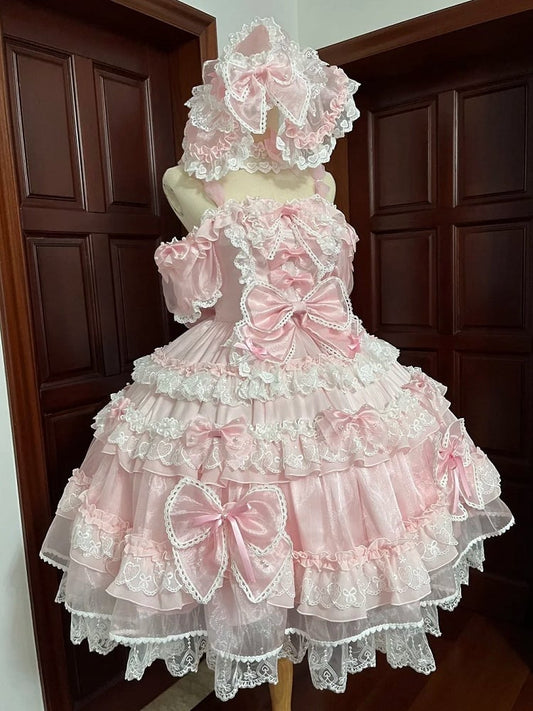 Sweet Lolita Princess Bead Dress Bow and at Back with Pink Big Accents Details