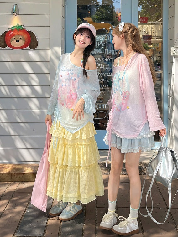 Blue/Pink Cute Semi-sheer Hem Cartoon Print Drawstring Top