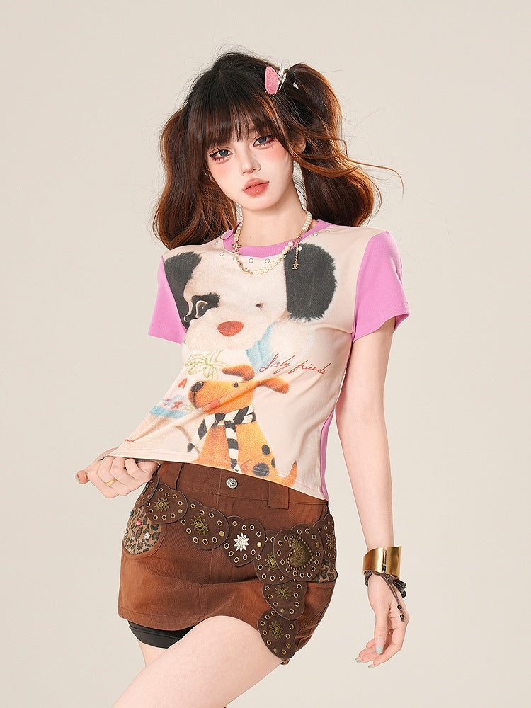 Adorable Colorblock Design Puppy Print Blue/Pink T-Shirt