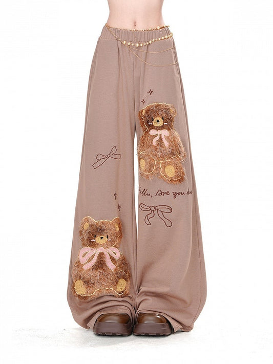Brown Plush Teddy Bear Bowknots Detail Loose Wide-Leg Pants