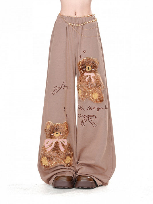Wide-Leg Pants Detail Loose Teddy Bear Bowknots Brown Plush
