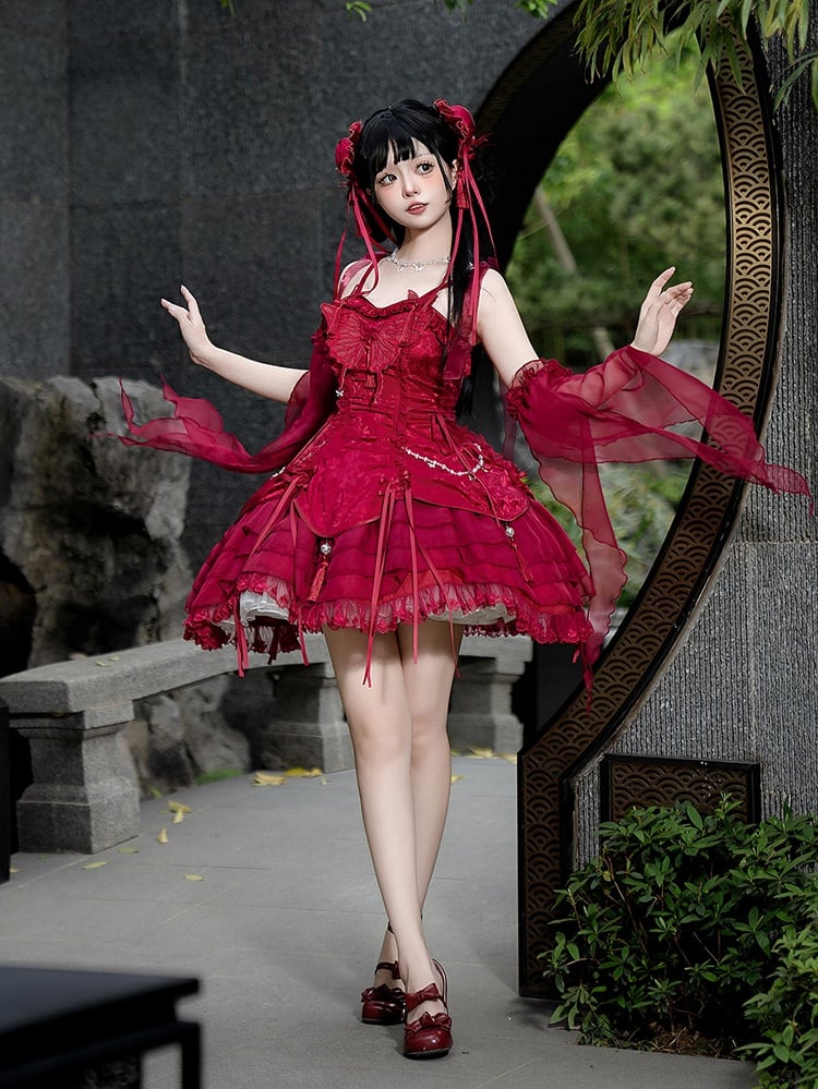 Tassels with Fairy Jumper Sleeves Butterfly Cascading Decorated Skirt and Red Lolita Ruffle