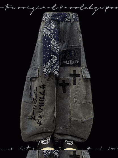 Jeans Blue Cross Applique Wasteland Punk Distressed Weites Bein Cargo