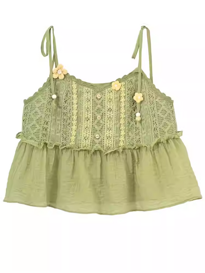 Mori Kei Green Knitted Floral Accents Cami Top