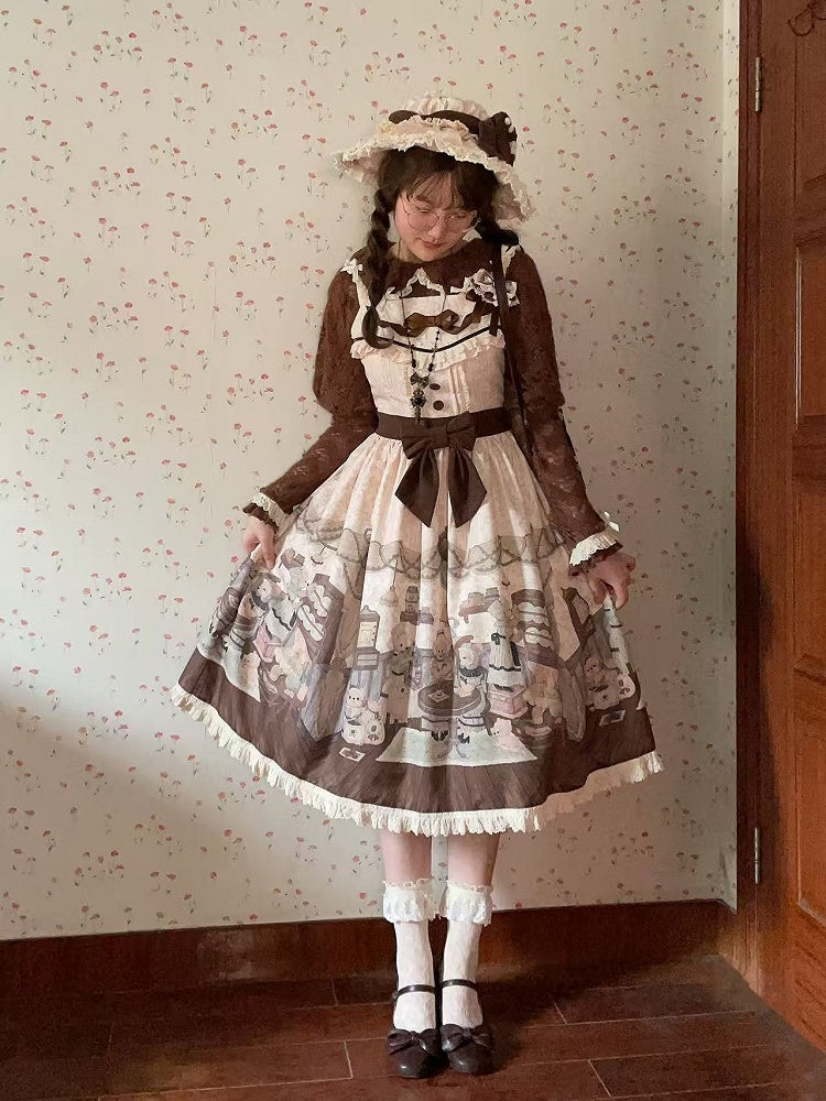 Sweet Creamy Little Print Bear Coffee Jumper Lolita House Skirt