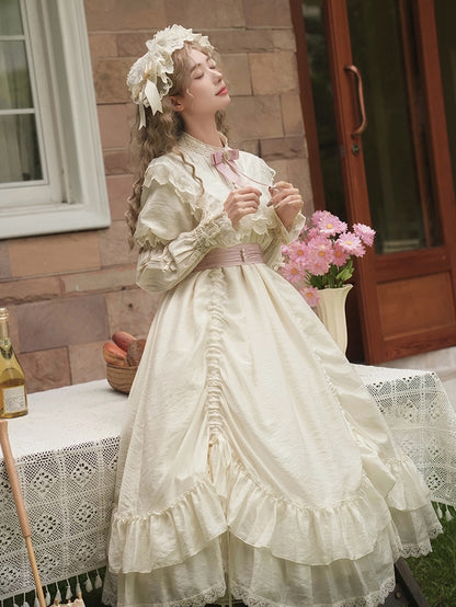 and Design Waist Pink Drawstring Fashion Belt Dress with Beige Lolita Versatile Bows
