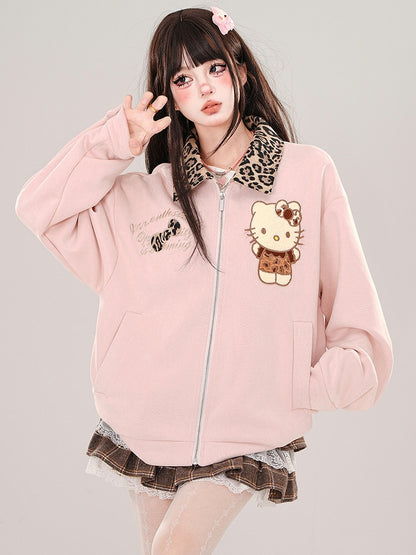 Pink Kitty Leopard Collar Baseball Jacket