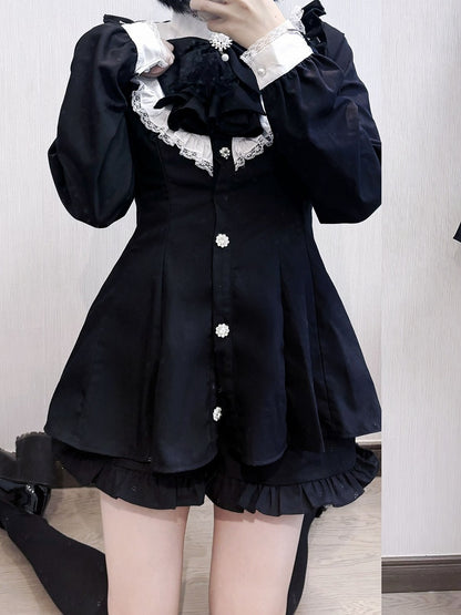 Big Jirai Kei Schwarz Abnehmbare Set Lange Bogen Kleid + Shorts Jabot Kragen und Ärmel Mini