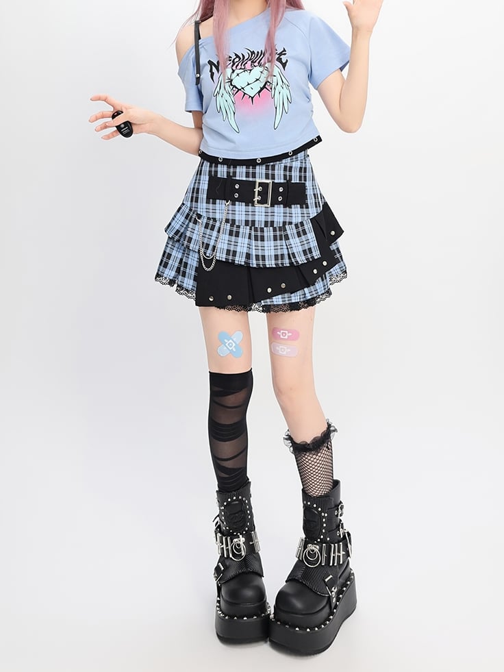 Wings Print Y2K Light Blue Asymmetrical Neckline Heart and T-Shirt