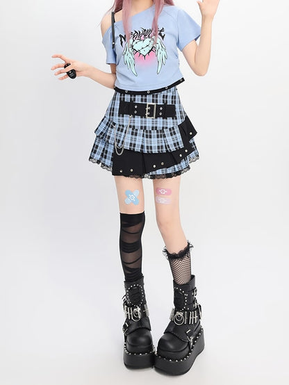 Wings Print Y2K Light Blue Asymmetrical Neckline Heart and T-Shirt