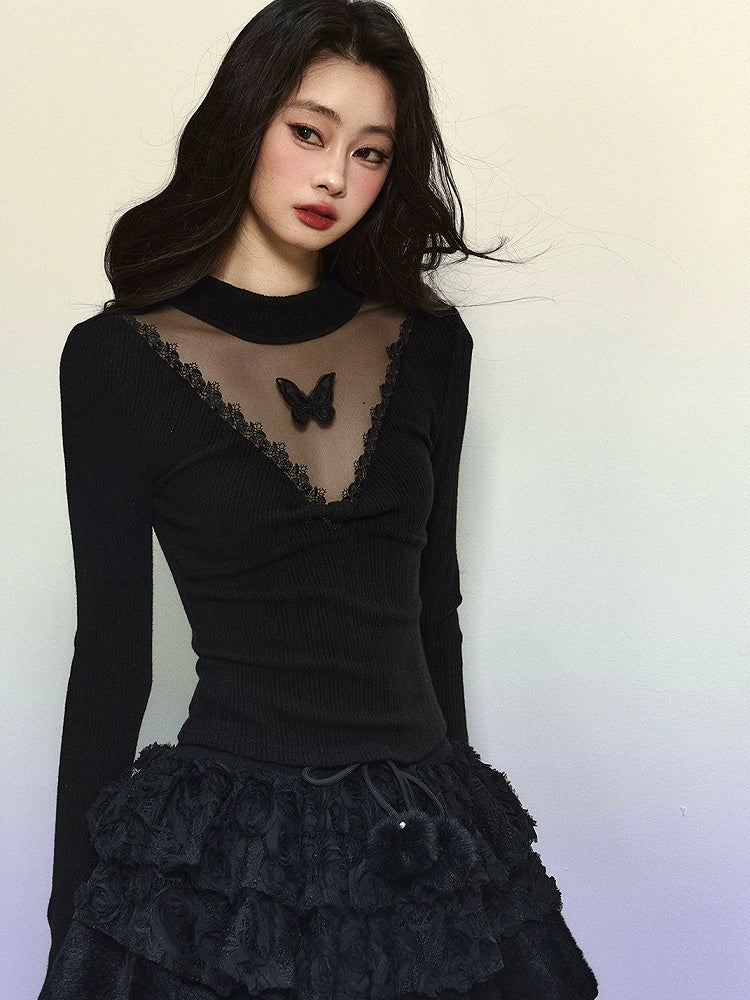 Black Illusion Neckline Butterfly Accents Slim-fit Long Sleeves Top