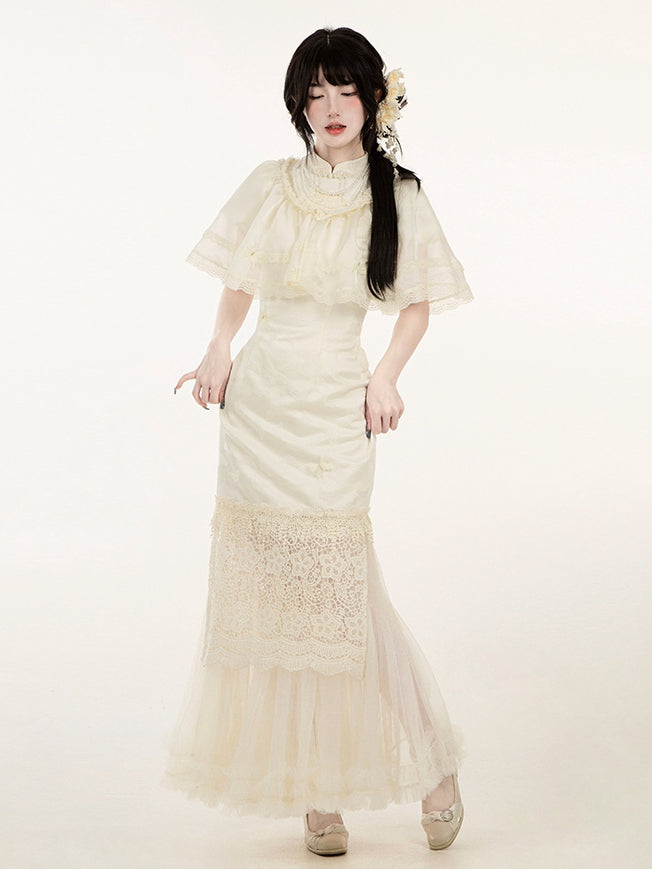 Shawl and Beige Flowers Neckline Decorated Beads