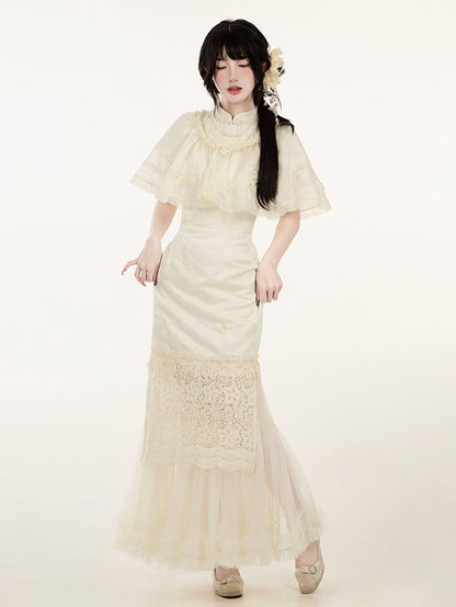 Shawl and Beige Flowers Neckline Decorated Beads