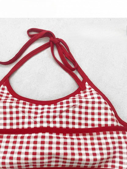 Y2K Pattern Plaid Letter Neck + Yellow Fruit Halter Cami Print Bittersweet Dress Top And Red