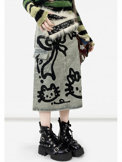 And Y2K Bowknot Kitty Skirt Denim Print Blue