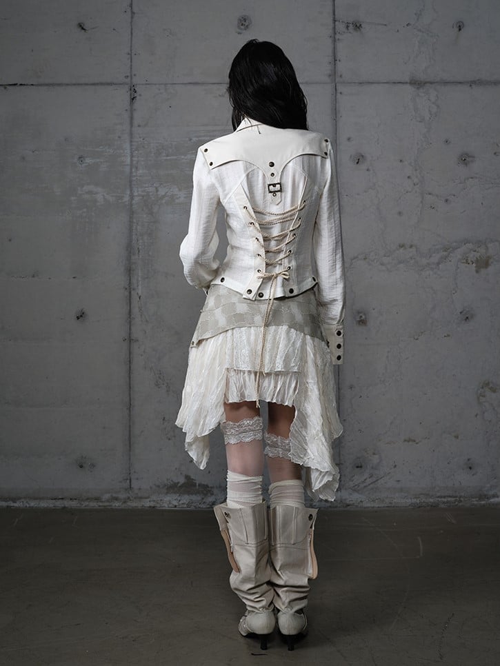 Asymmetrical Beige Punk Skirt with PU Studded Detail