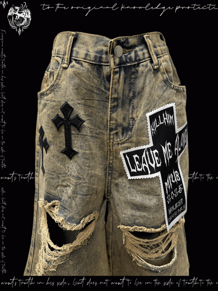 Punk Wasteland Cross Appliques Yellow Distressed Holes Denim Shorts Y2K