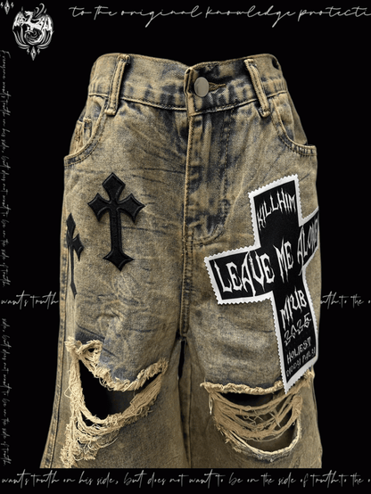 Punk Wasteland Cross Appliques Yellow Distressed Holes Denim Shorts Y2K