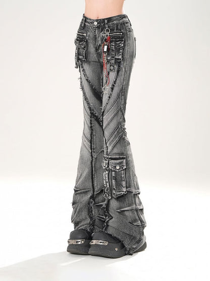 Wash Flared Jeans Cargo Pockets Raw Hem Distressed Faded Black