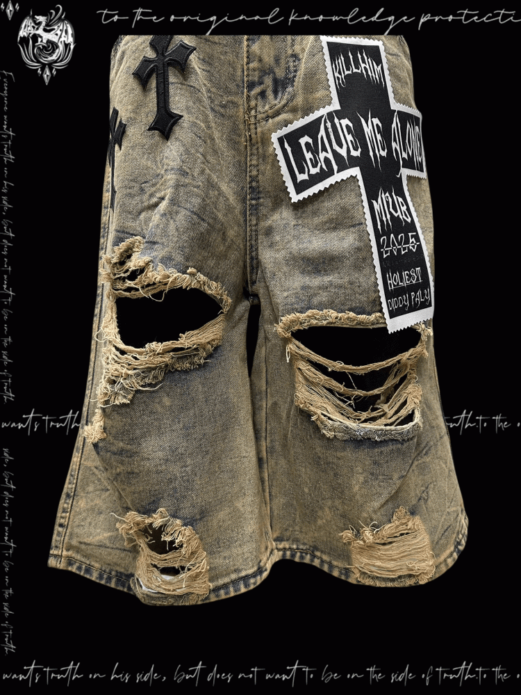 Punk Wasteland Cross Appliques Yellow Distressed Holes Denim Shorts Y2K