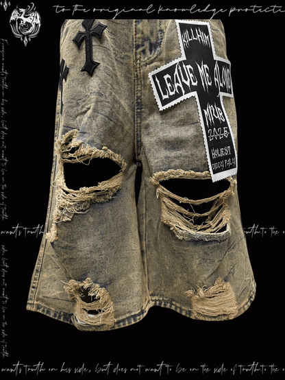 Punk Wasteland Cross Appliques Yellow Distressed Holes Denim Shorts Y2K