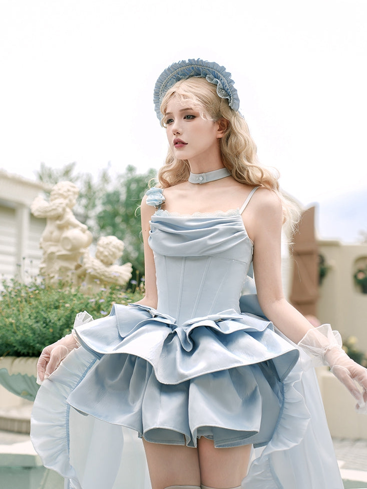 Boned Set JSK Waist Full Straps Elegant Blue Neckline Dress Cowl Spaghetti Lolita