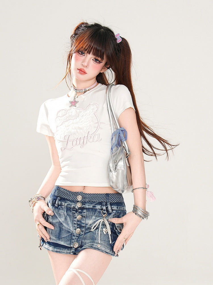 Black/White Lace Kitty Embroidery Glamorous T-Shirt Cropped