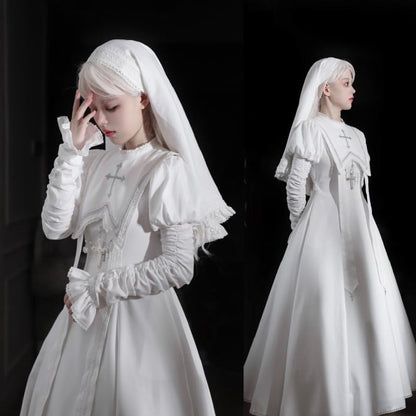 Halloween Kreuzärmeliges Juliette Stickerei Weißes Hammelkeulenkleid / Outfits Nonne Lolita