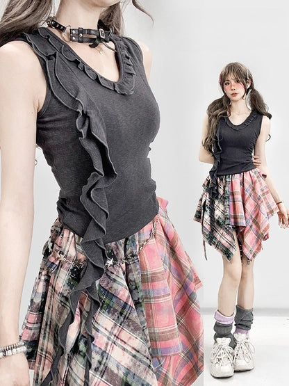Asymmetrical Bittersweet Trim Hem Ruffles Gray Glamorous