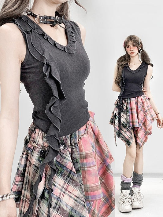 Asymmetrical Bittersweet Trim Hem Ruffles Gray Glamorous