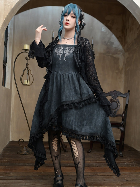 Cardigan Asymmetrical Hollow-out Hem Bell Ruffled Black Lace Sleeves