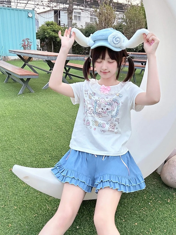 White Ruffled Neckline Adorable Bunny Print T-Shirt