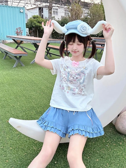 White Ruffled Neckline Adorable Bunny Print T-Shirt