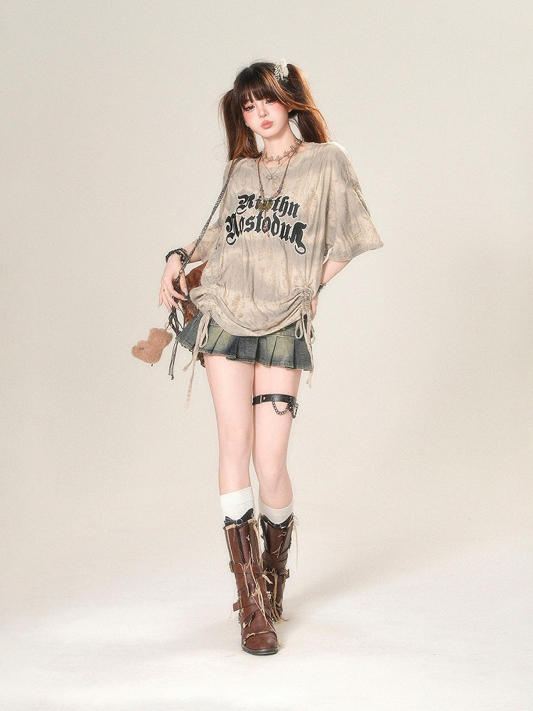 Loose Apricot Letter Print Drawstring Waist Distressed Holes T-Shirt