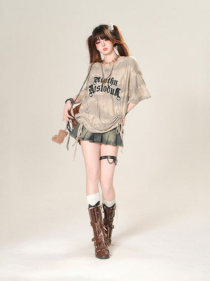 Loose Apricot Letter Print Drawstring Waist Distressed Holes T-Shirt