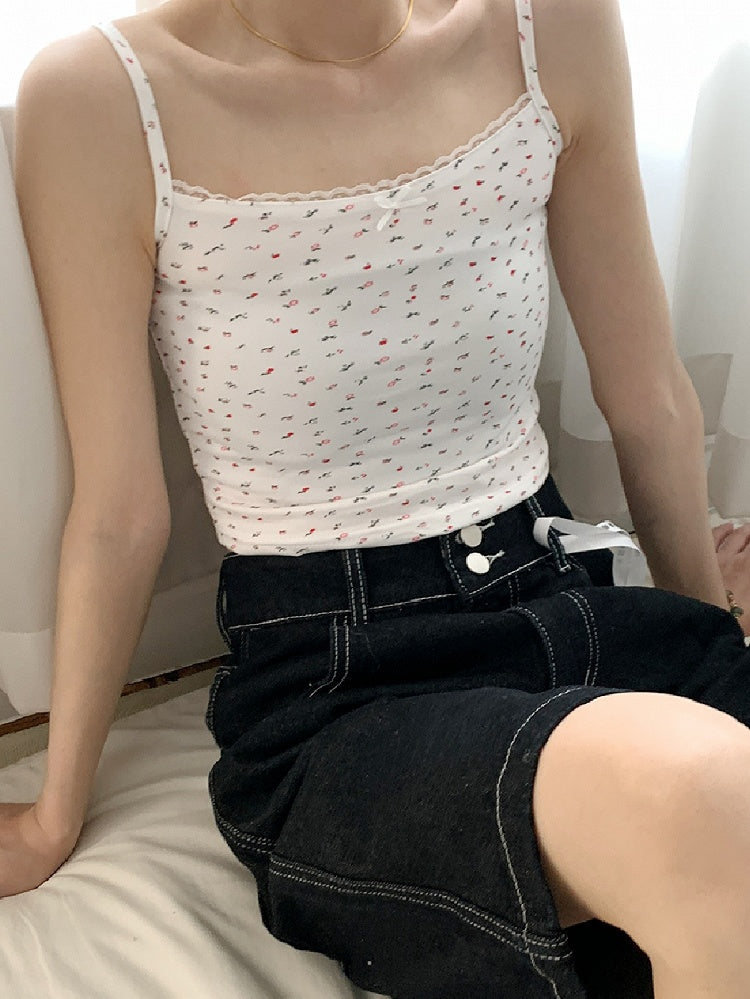 Top Beige/White Print Cami Floral Lace Trim Bowknot Decorated
