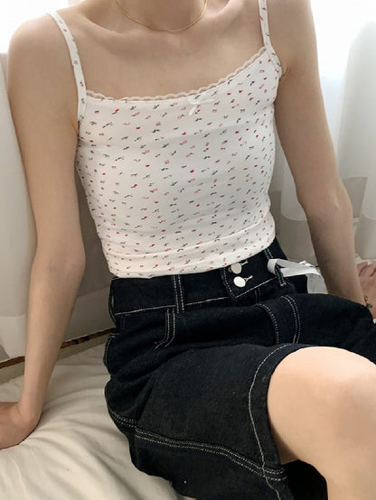 Top Beige/White Print Cami Floral Lace Trim Bowknot Decorated
