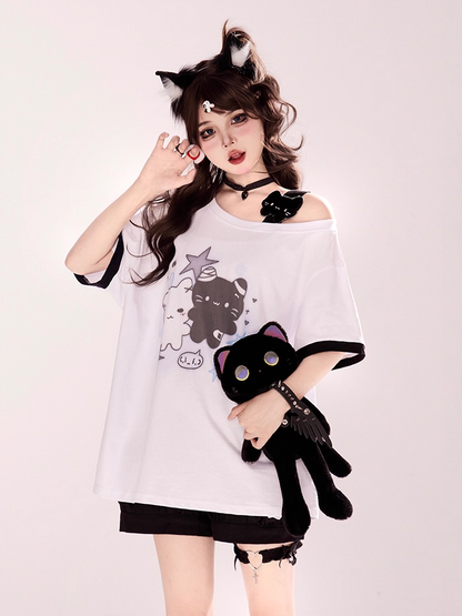 Asymmetrical Neckline T-shirt Cartoon Kitty Print Pink/Blue/Black