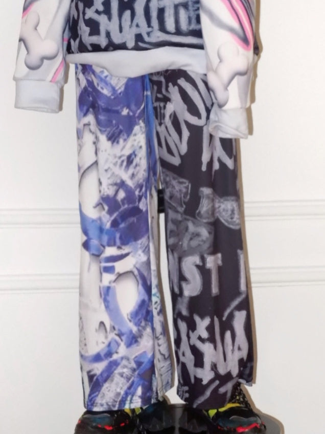 Wide-leg Pants Letter Y2K BlueBlack Print Cut
