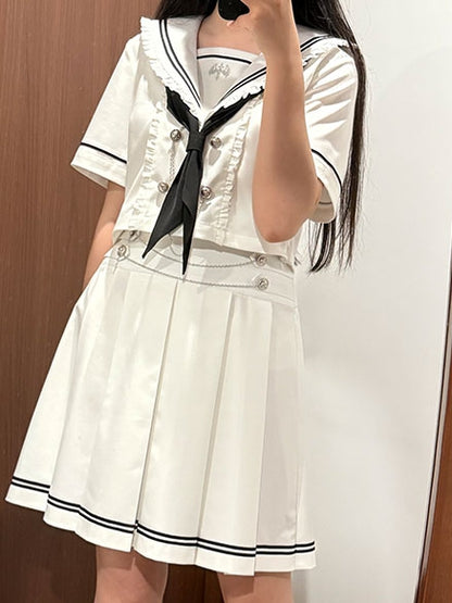 Pleated Sleeves White Navycore JK + Collar Short Skirt Uniform Sailor Set- Top