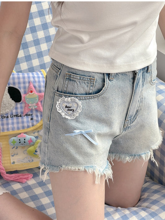 Vintage Denim Shorts Blue Raw Hem Heart Accent Light