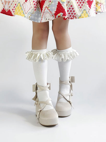 Platforms Crisscross Velvet Toe Round Sweet Bow Design - Wedge Beige Lolita Accent