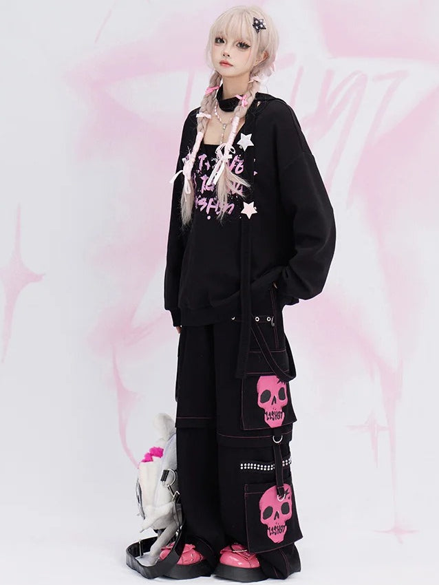 Y2K Black Skeleton Cargo Pockets Straps Design Wide-leg Cut Jeans
