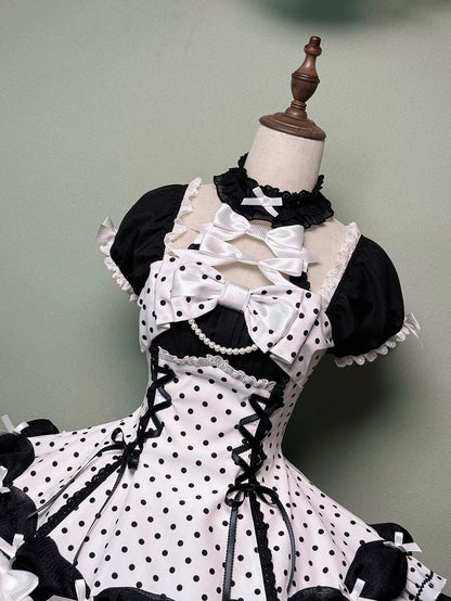 Akzente Schwarz Polka Dots Kleid Old School Schleife Weiß Lolita Neck Halter mit