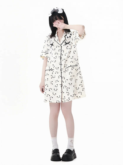 Panda Allover Panda Print Shirt Dress Scalloped Edge Collar Pajamas Beige Plushie