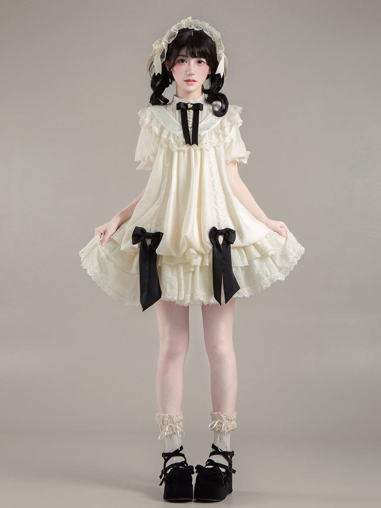 Bows Beige Fashion Drawstring Lolita Dress Black with Design Versatile and Waist Belt