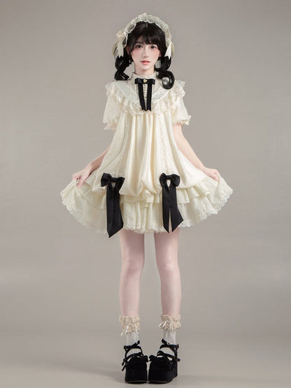 Bows Beige Fashion Drawstring Lolita Dress Black with Design Versatile and Waist Belt