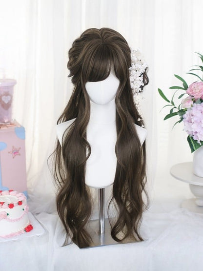 Bangs Side-swept With Wig Brown 65-70CM Length Wavy