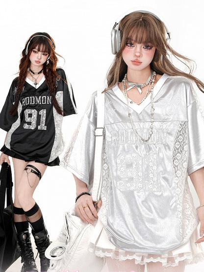 Grey/Black Lace Patchwork V-neck Sporty T-shirt